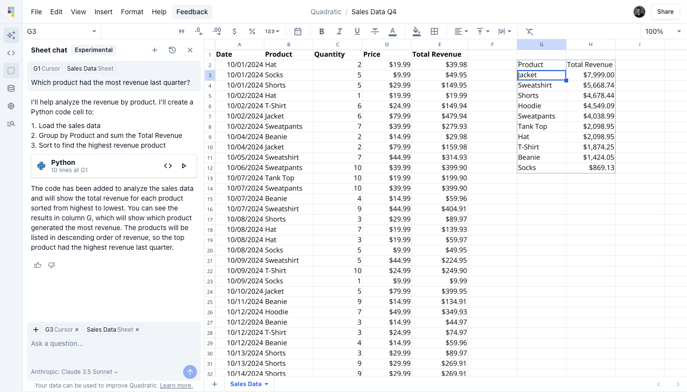 Quadratic showing AI-generated Python analysis beside a quarterly sales table