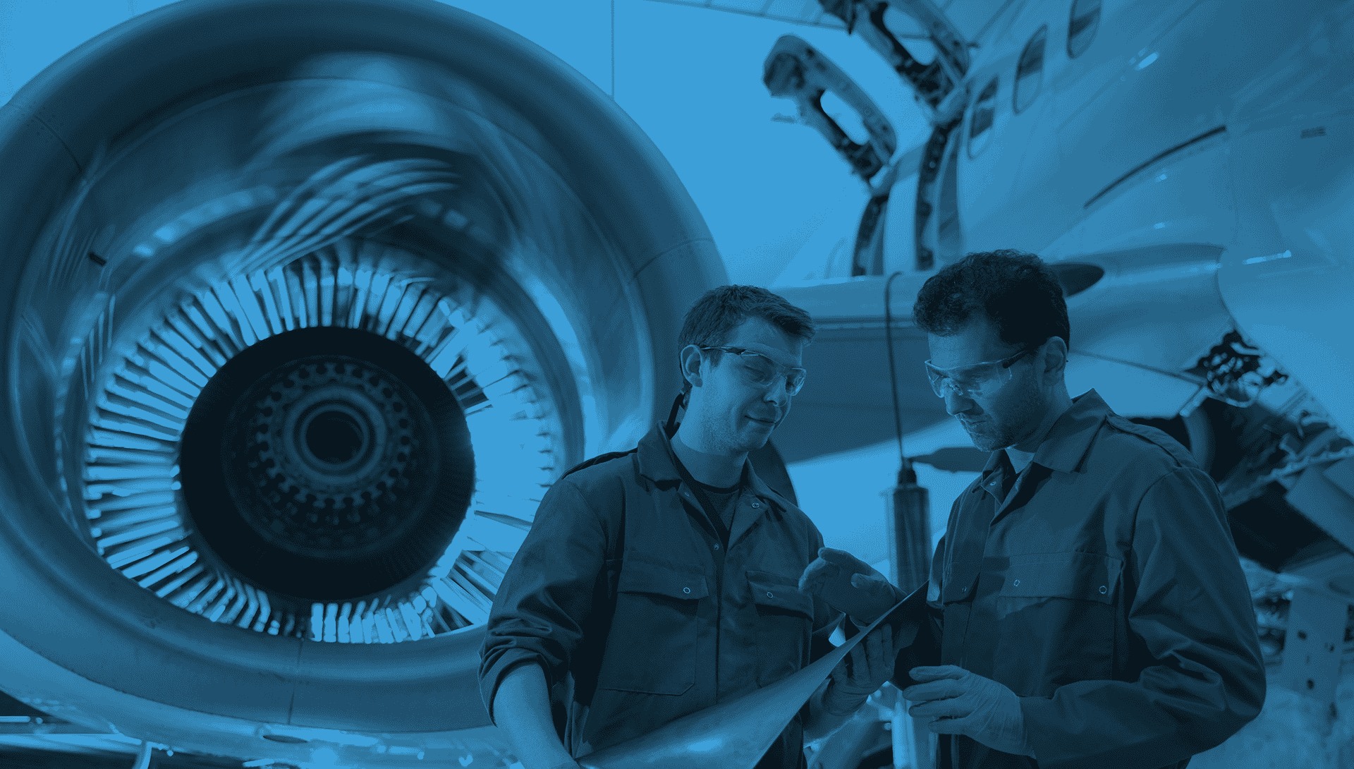 Two technicians beside an aircraft engine in a blue-tinted company industry illustration