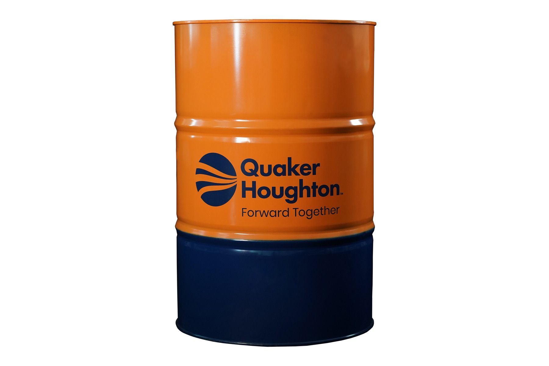 An orange and navy Quaker Houghton industrial fluid drum