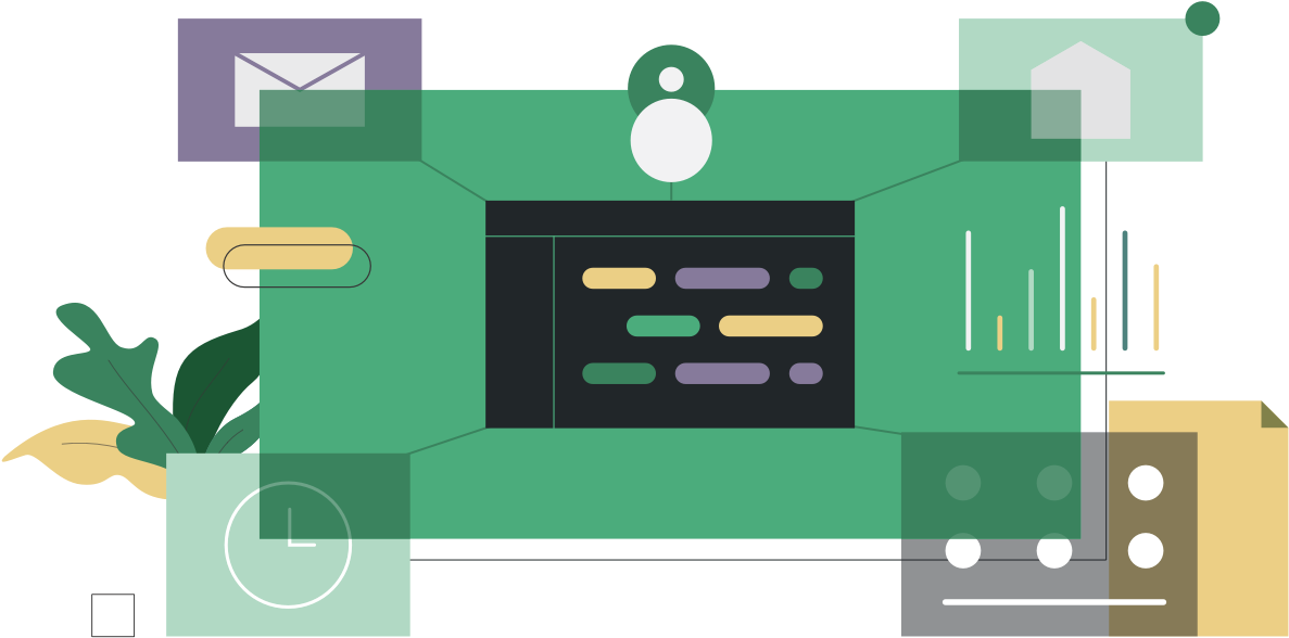 Qualia illustration showing messages, a user, workflow steps and analytics connected in one digital system