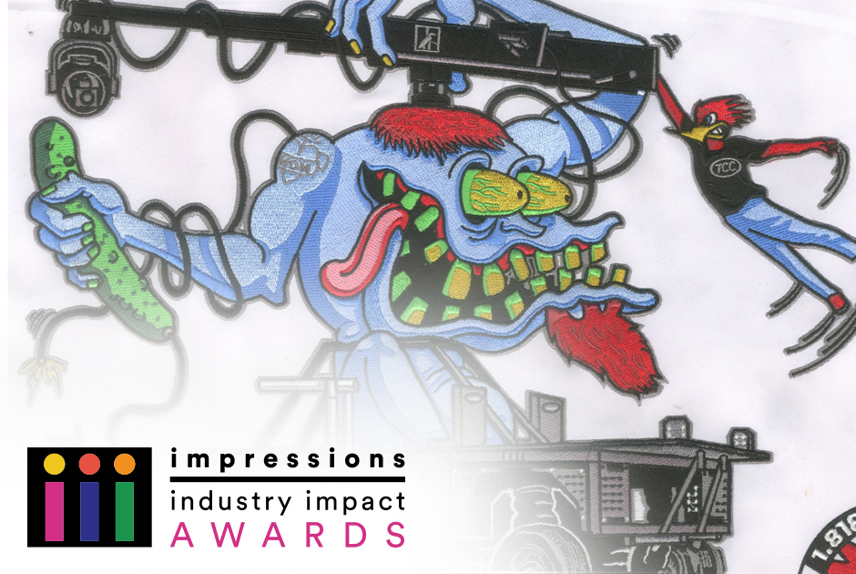 Colorful embroidered monster design in the 2025 Impressions awards image