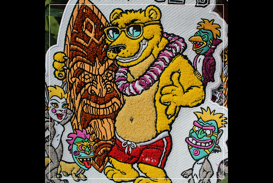 Quality Punch Tiki Bear patch combining fluffy chenille and regular embroidery