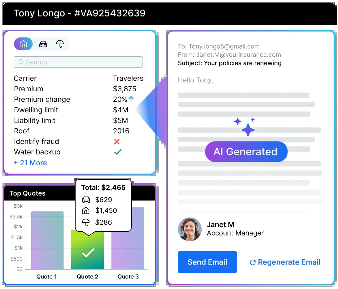 Stylized Quandri product view showing policy analysis, quotes and a generated renewal email