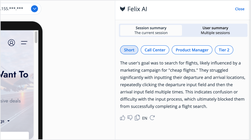 Quantum Metric Felix AI interface summarizing a customer session