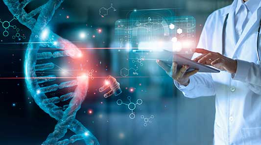 Illustration combining a DNA helix with a researcher holding a tablet