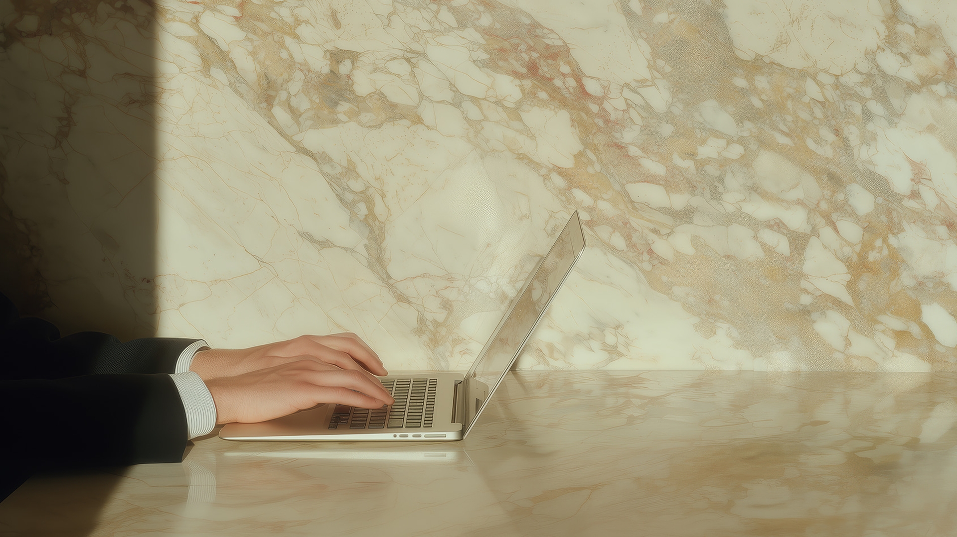 A laptop on a polished stone desk, used in Quartr's official Pro product imagery