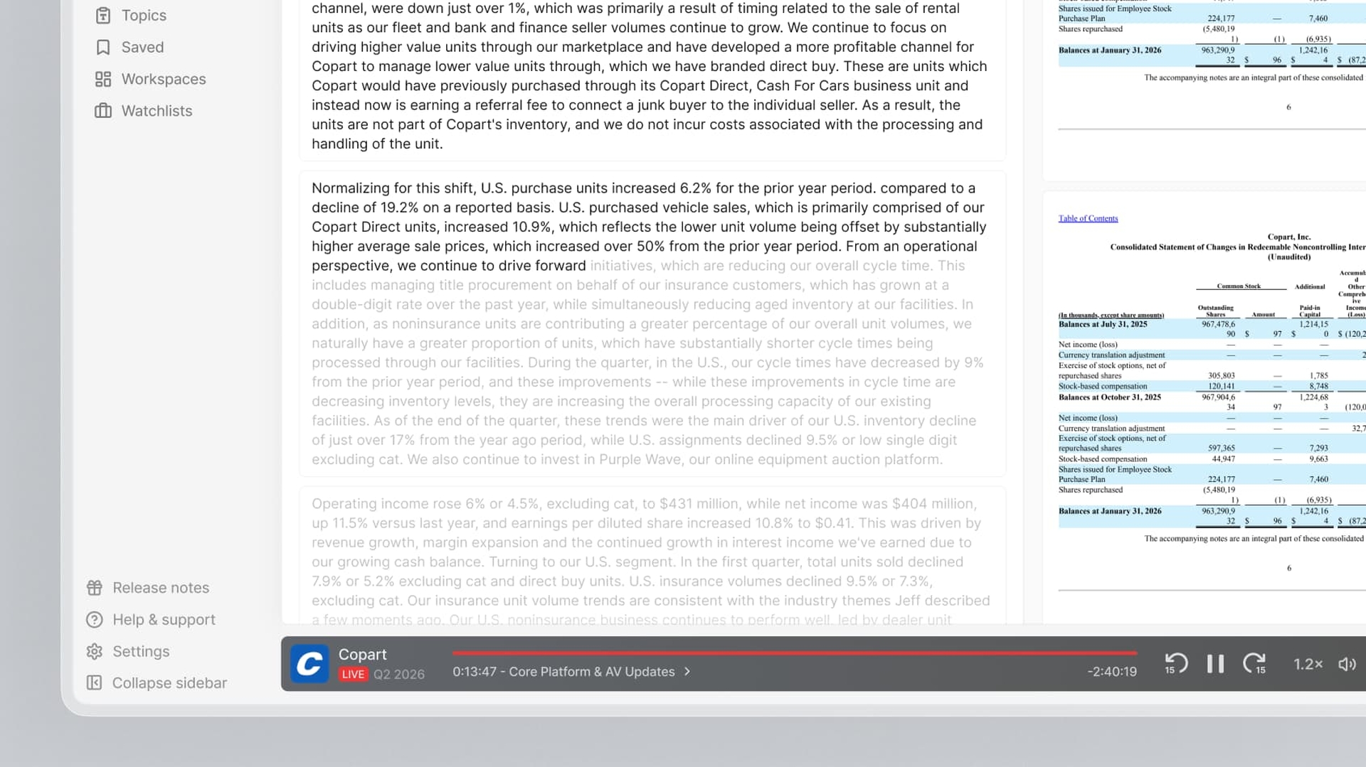 Quartr Pro showing a live transcript beside a company filing and synchronized audio controls