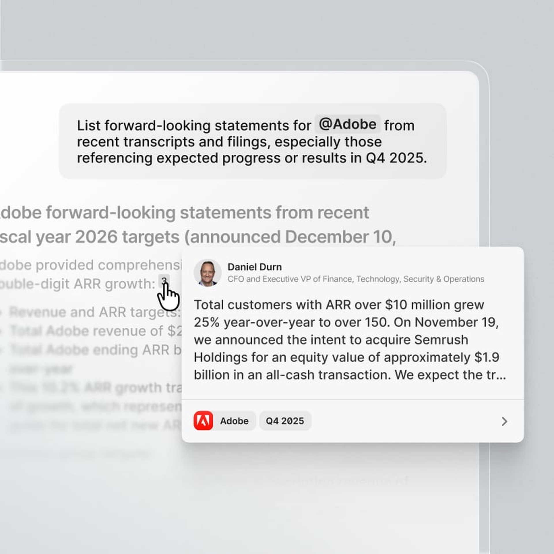 Quartr AI chat connecting an answer to an Adobe executive and a specific quarter