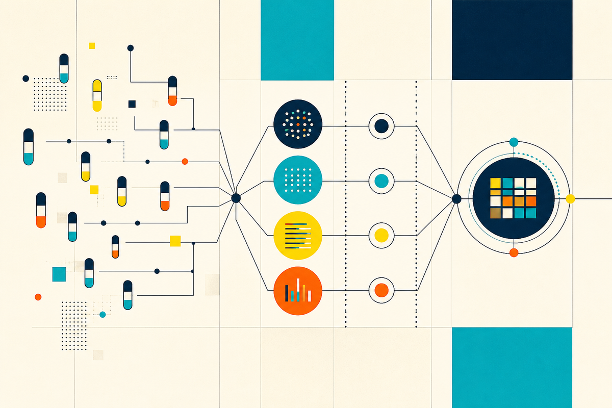 Abstract geometric illustration of clinical samples moving through checks into one organized data system