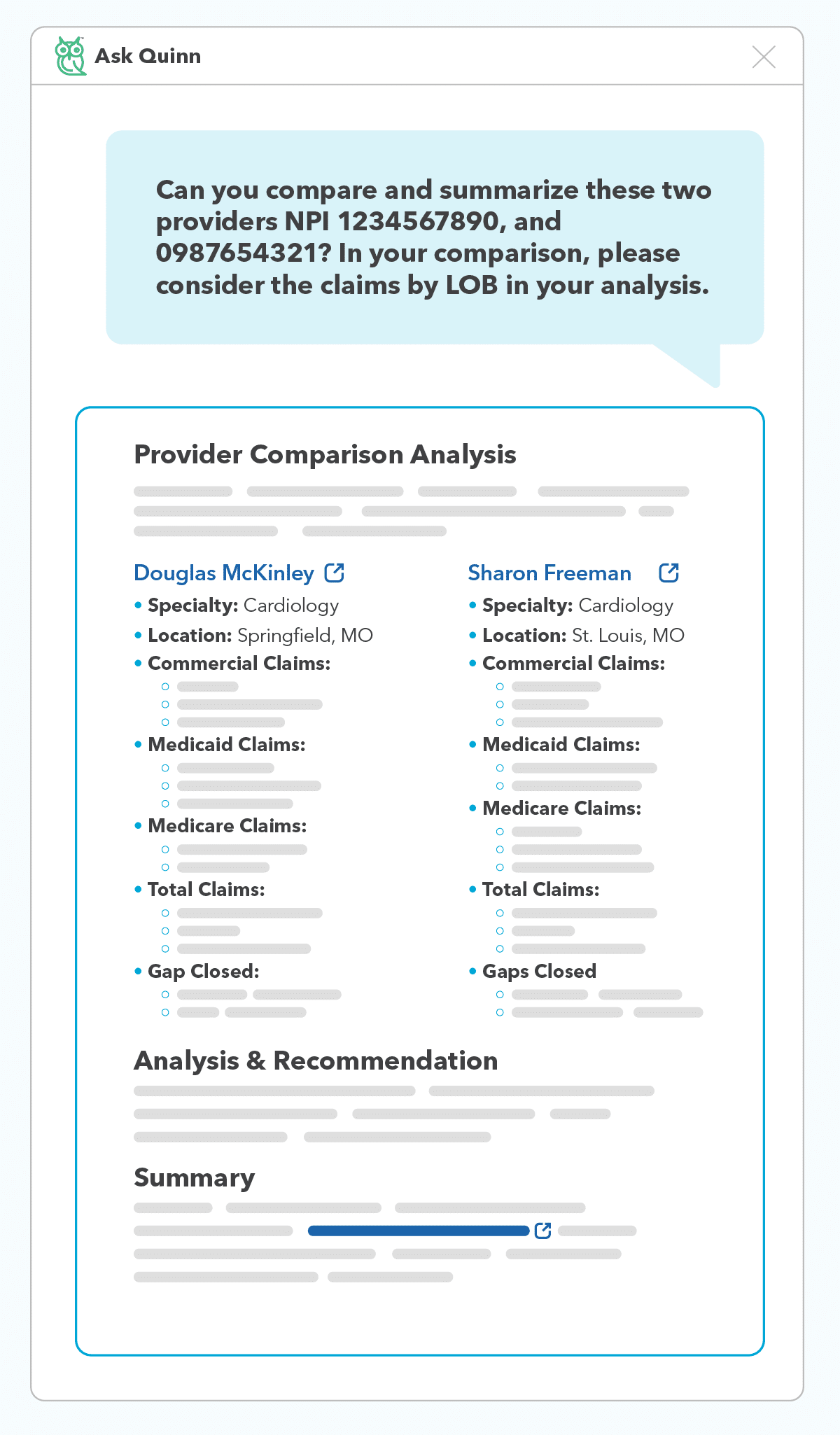 Quest's published Quinn product example showing a conversational provider comparison in QES