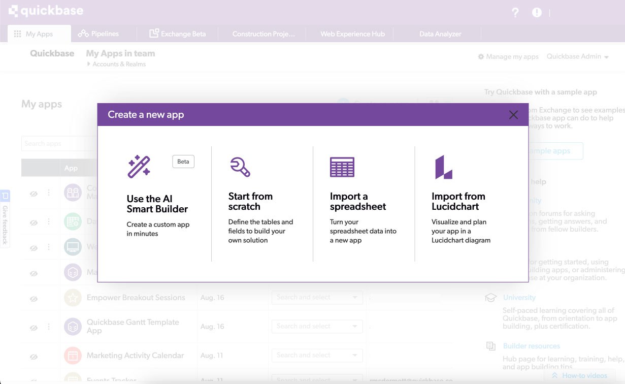 Quickbase Smart Builder interface showing an AI-assisted application workflow