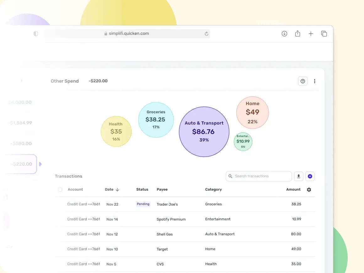 Quicken Simplifi example interface with spending categories and a transaction list