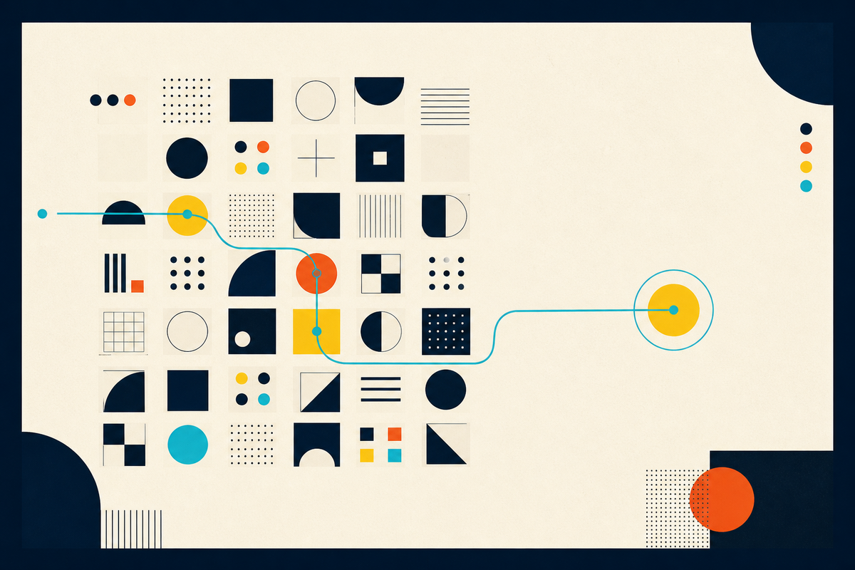 Abstract Swiss-style grid of geometric portfolio blocks connected by a teal signal line