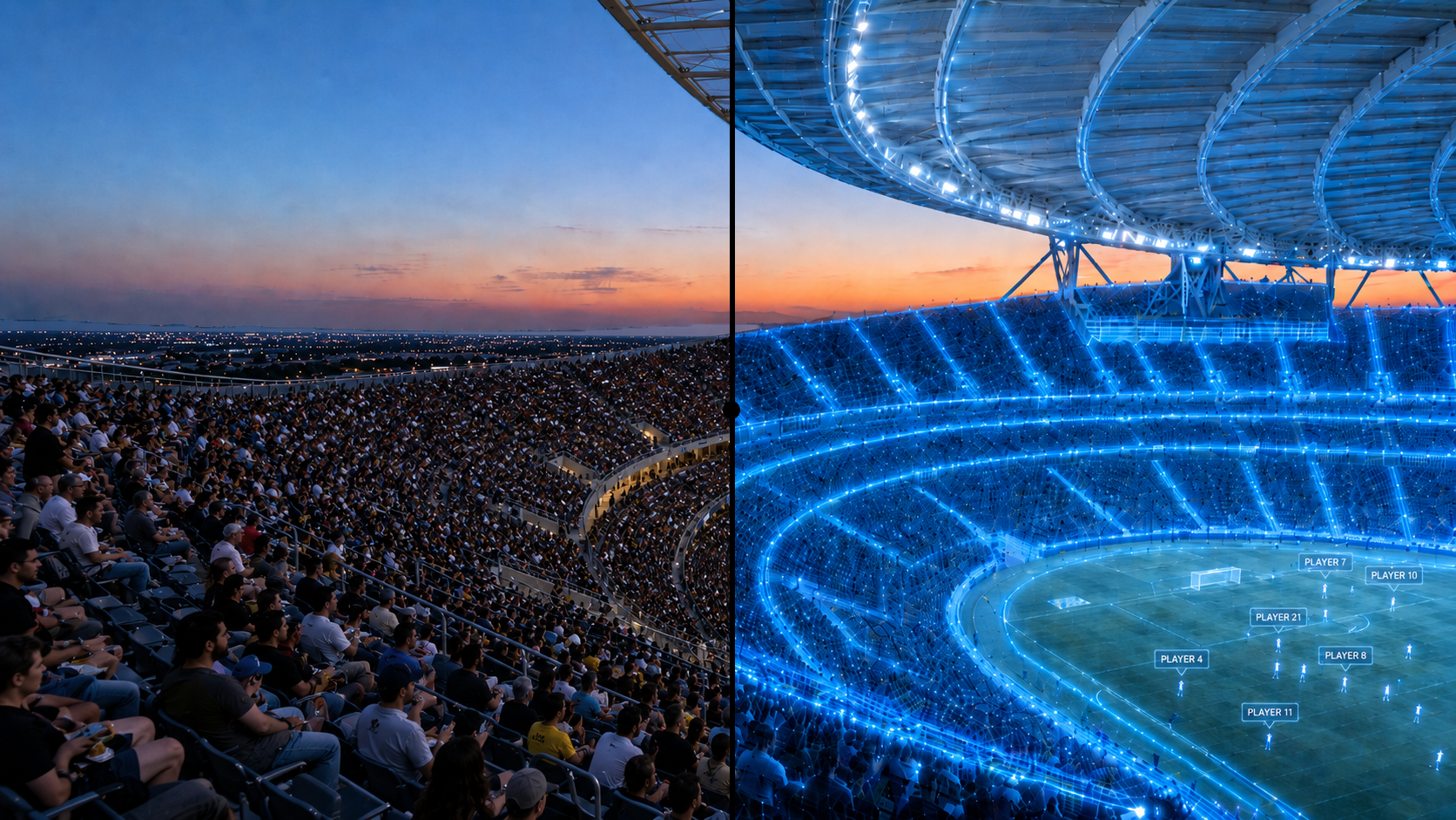 A stadium rendered half in real life, half as a glowing augmented-reality wireframe with player labels