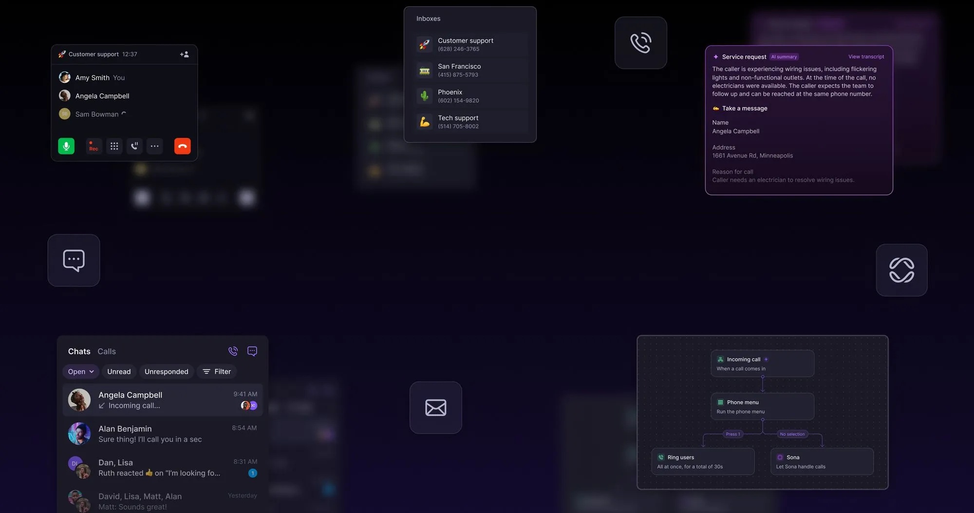 Quo product illustration showing a shared inbox, customer details, and a call-routing flow