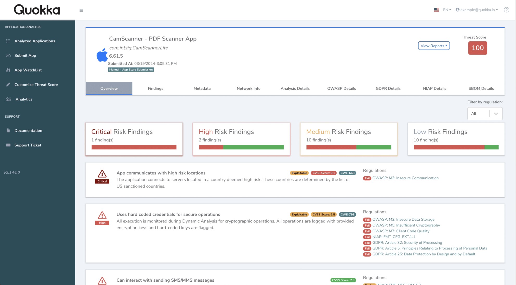 Q-mast dashboard showing a mobile application security report and categorized findings