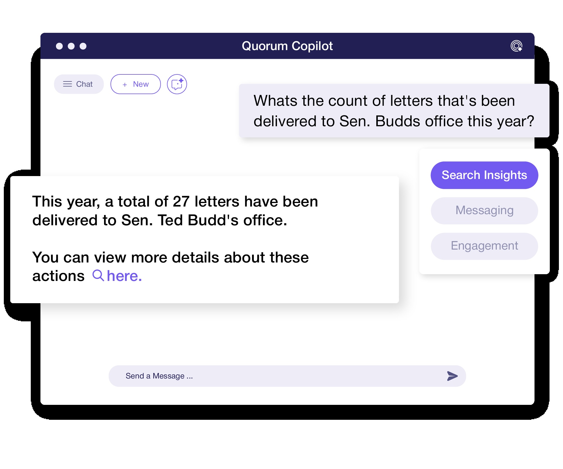 Quincy product example answering a question about letters delivered to Senator Ted Budd’s office