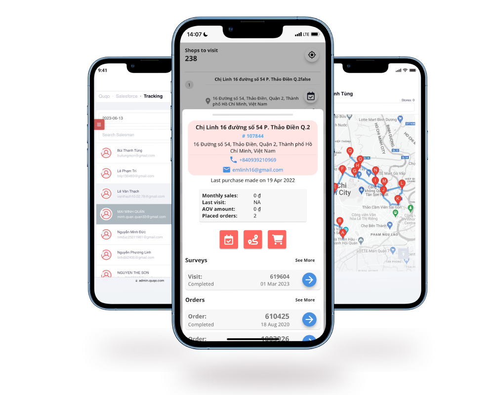Official Qrew illustration showing sales tracking, a store record and mapped visits