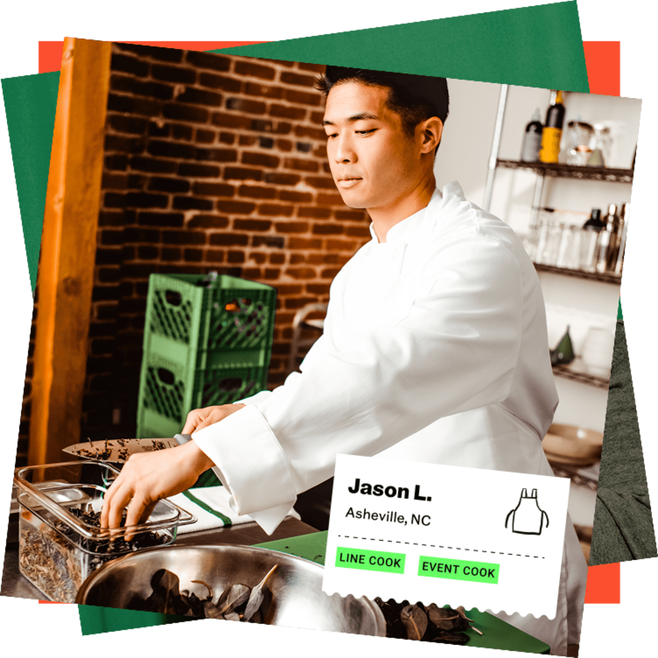 A line cook in whites prepping at a station, with a Qwick worker profile card overlay reading Jason L., Asheville NC, Line Cook, Event Cook