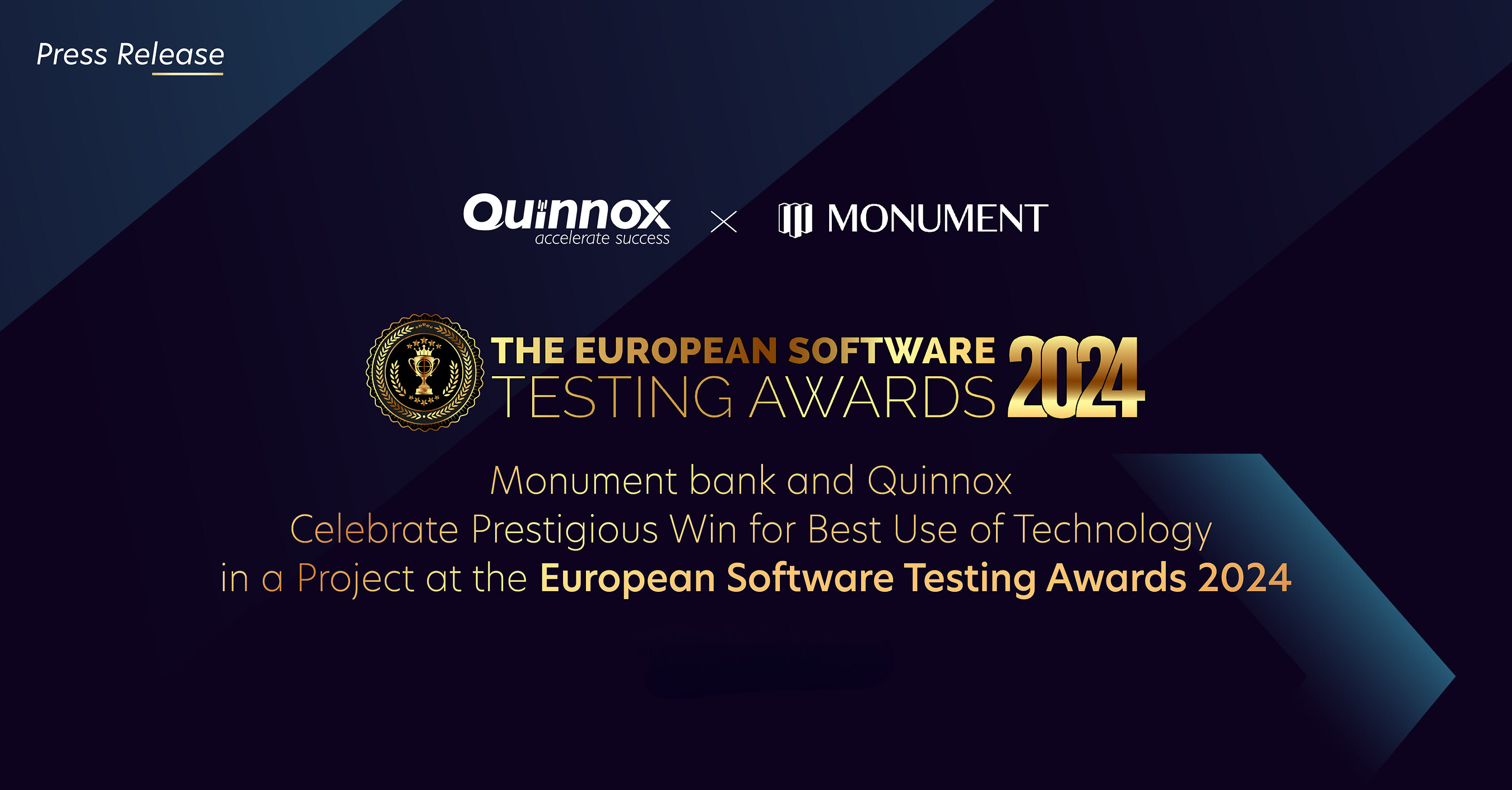 Quinnox and Monument Bank press graphic announcing their 2024 European Software Testing Awards win