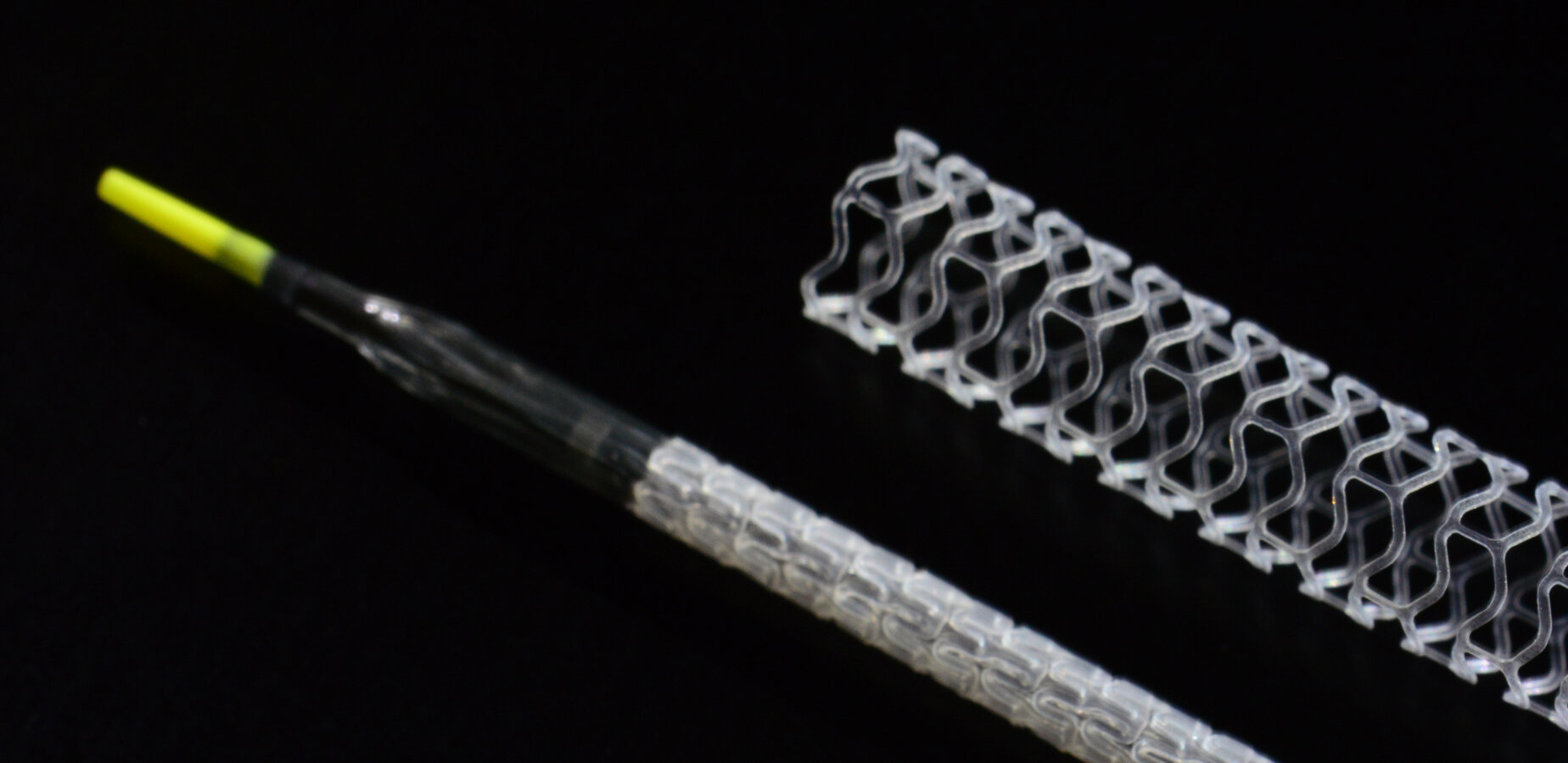 Close-up of R3 Vascular’s MAGNITUDE polymer scaffold and its catheter delivery system
