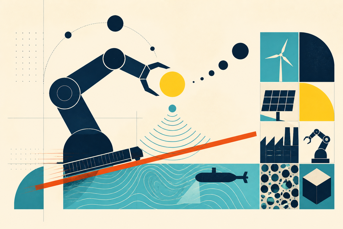 Abstract Swiss-style illustration of a robotic arm, energy, sensing waves and industrial systems
