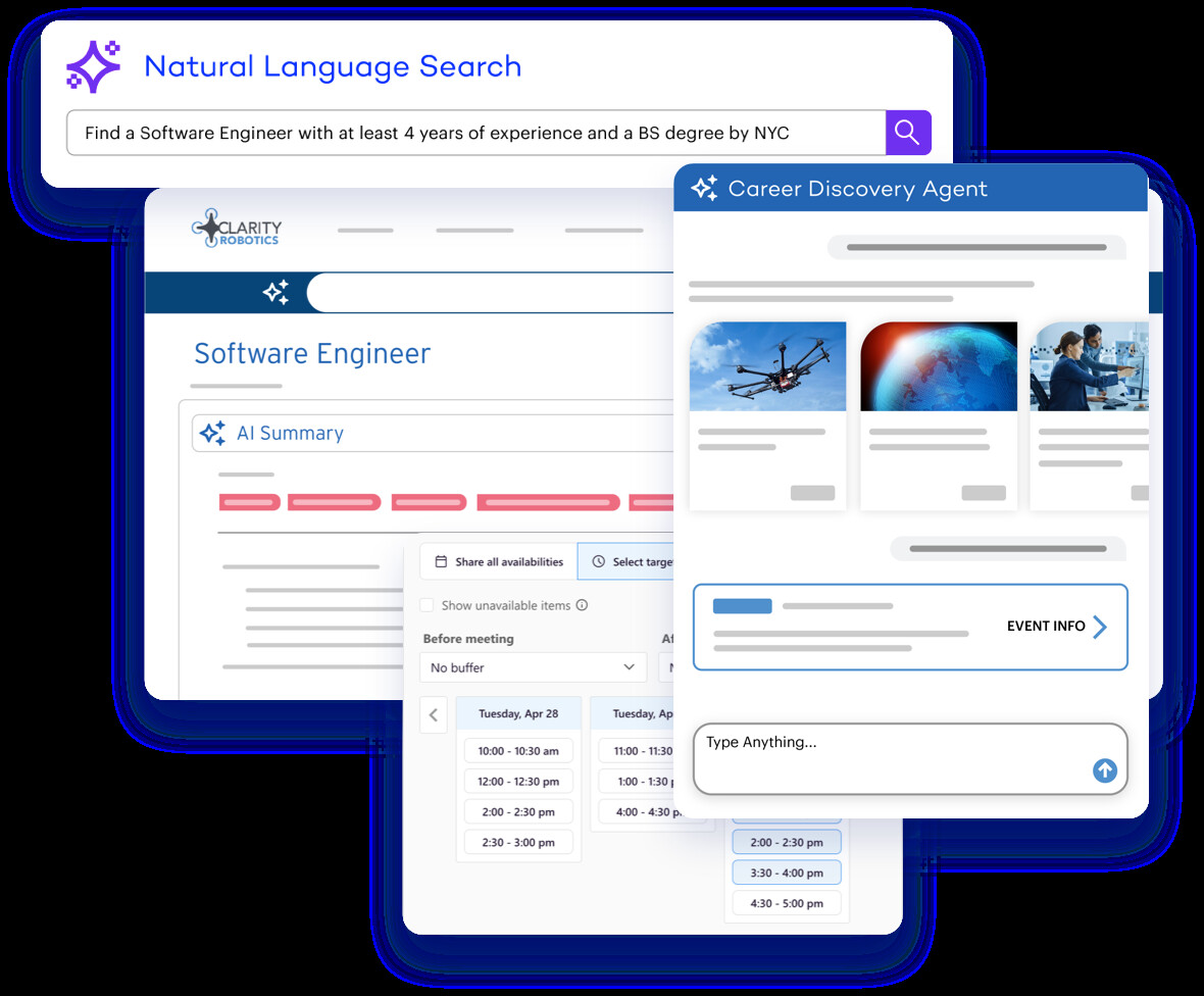 Composite of Radancy product interfaces showing natural-language search, a career discovery agent, a job page and interview scheduling