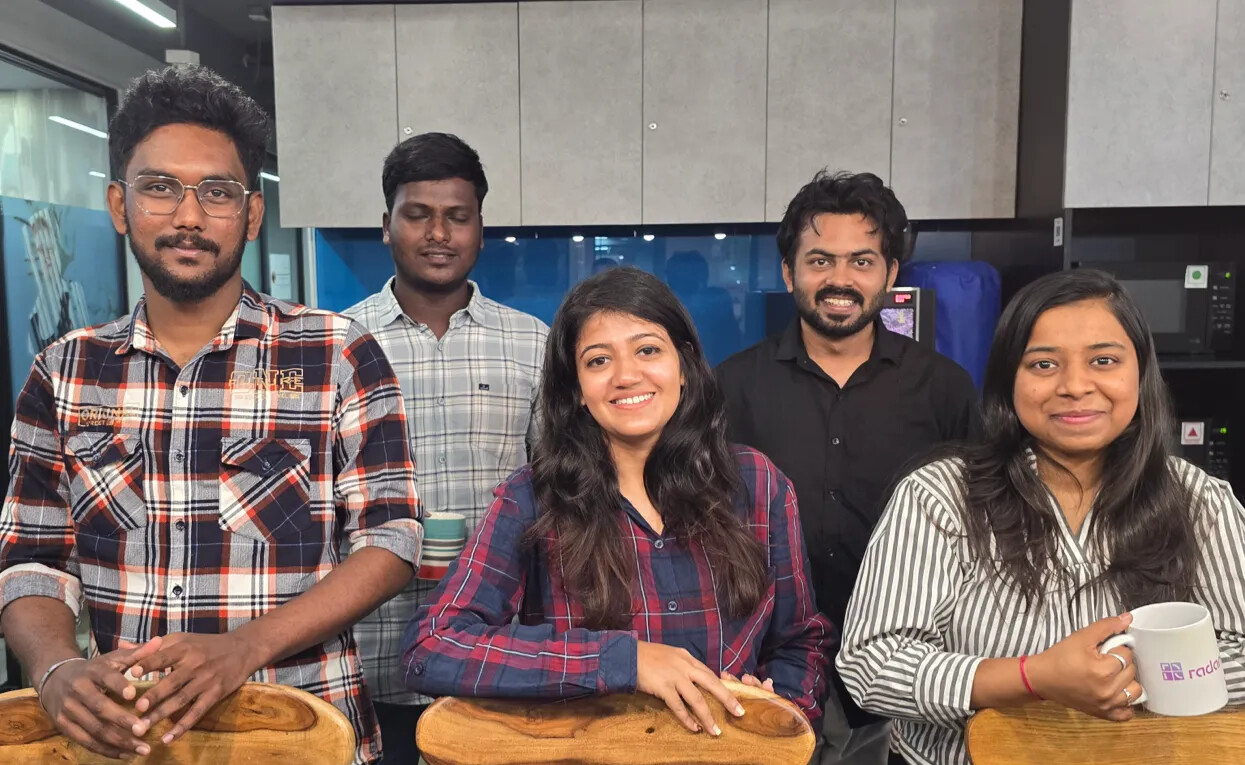 Five Radancy employees standing together in the Bengaluru office kitchen