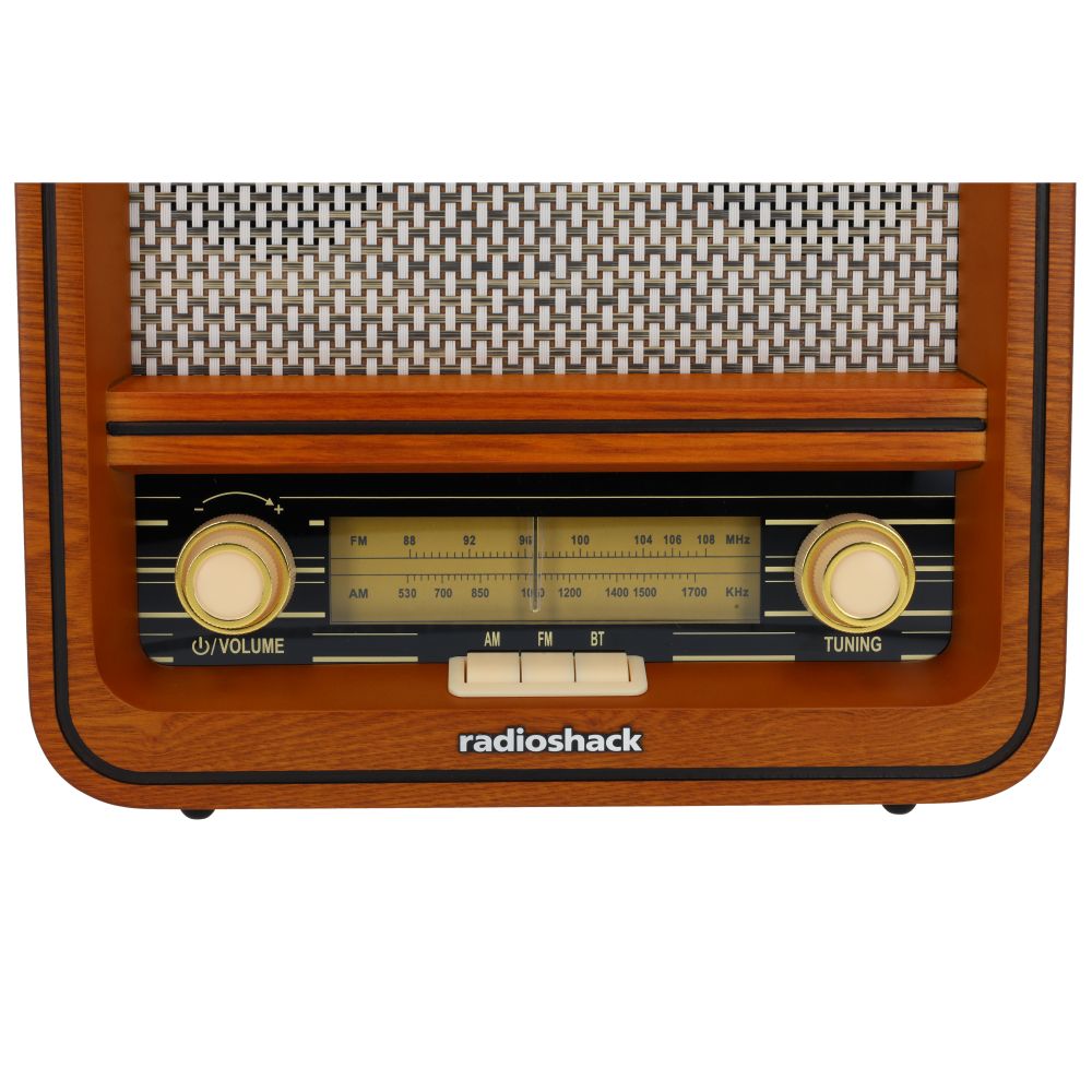RadioShack wood-style AM/FM radio with cream tuning knobs and speaker grille