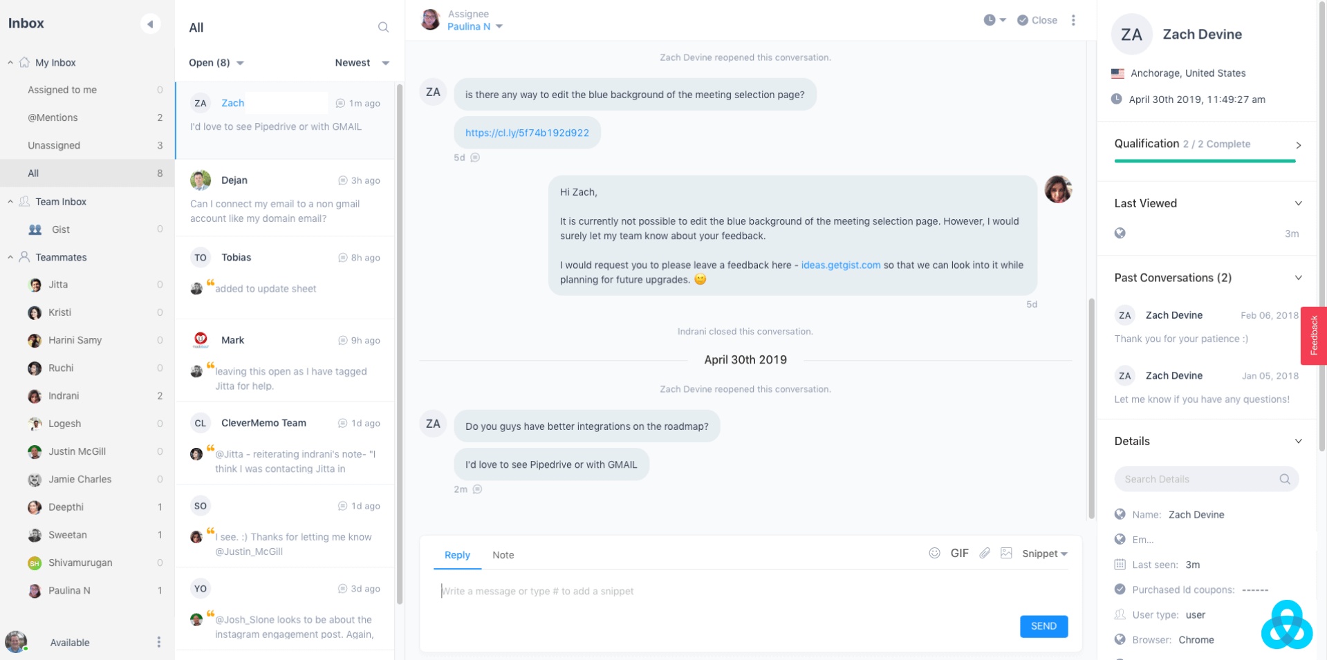 Historical Gist conversations interface with a shared inbox, message thread, and customer details