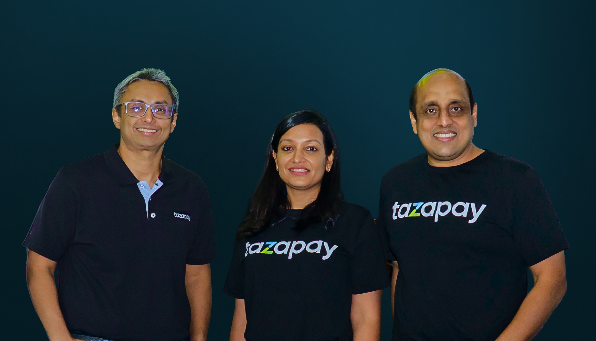 Aayush Singhania, Kanupriya Sharda and Rahul Shinghal standing together in Tazapay shirts