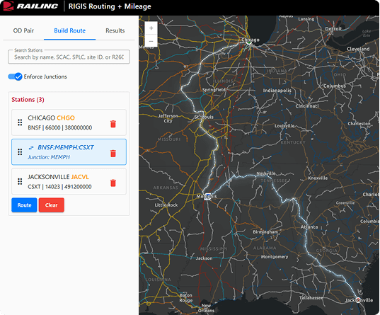RIGIS route-building interface showing Chicago, a Memphis interchange and Jacksonville on a rail network map