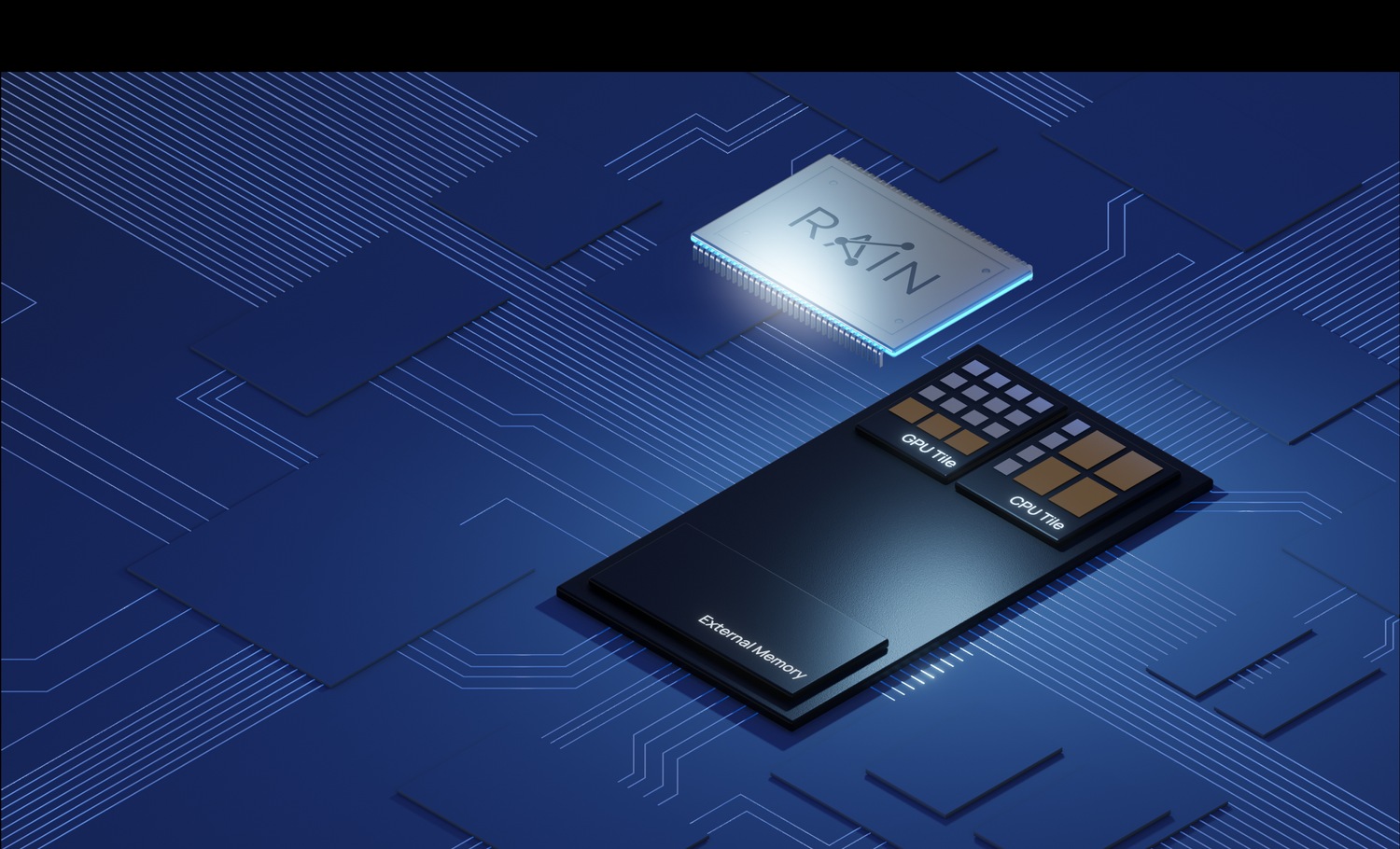 Rain AI concept illustration showing a processor above memory and compute tiles