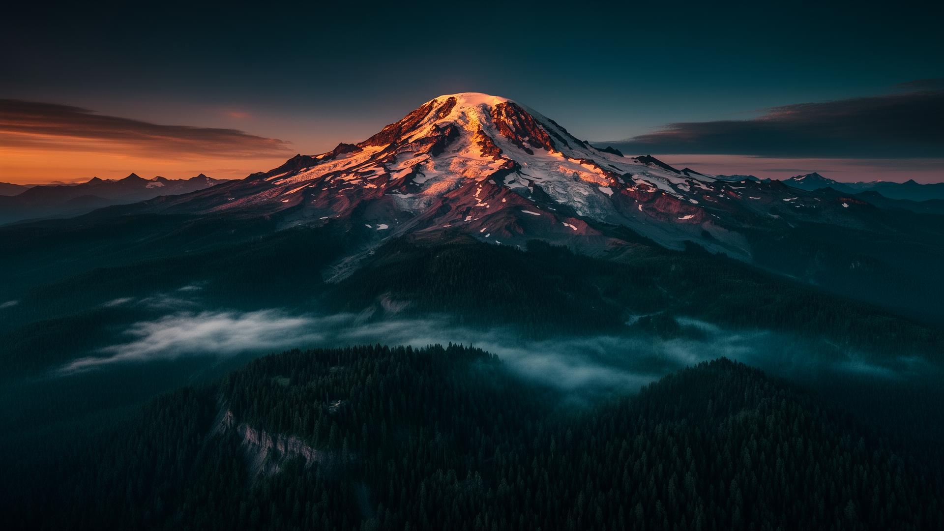 Mount Rainier rising above evergreen forest beneath a clear sky
