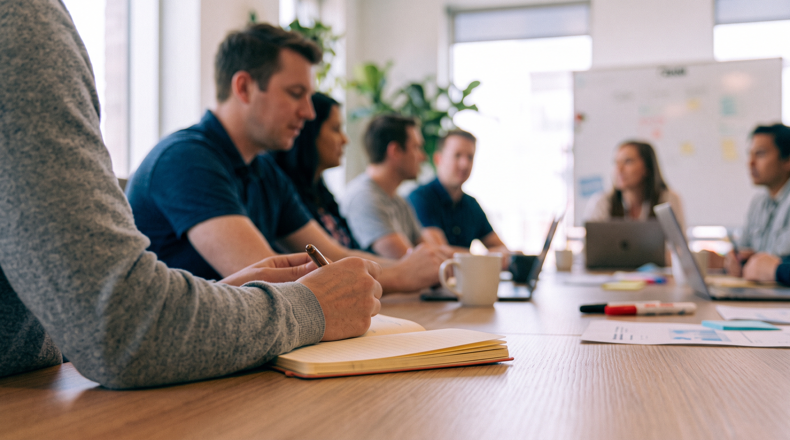 Raise team members working around a conference table