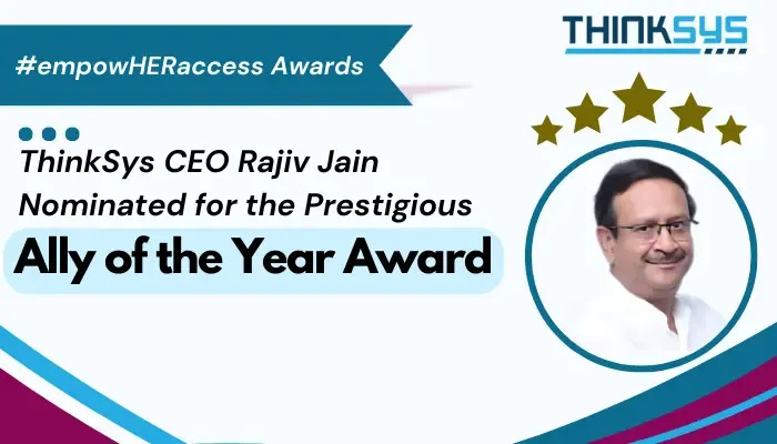 Graphic announcing Rajiv Jain as an Ally of the Year Award finalist at the 2024 empowHERaccess Awards