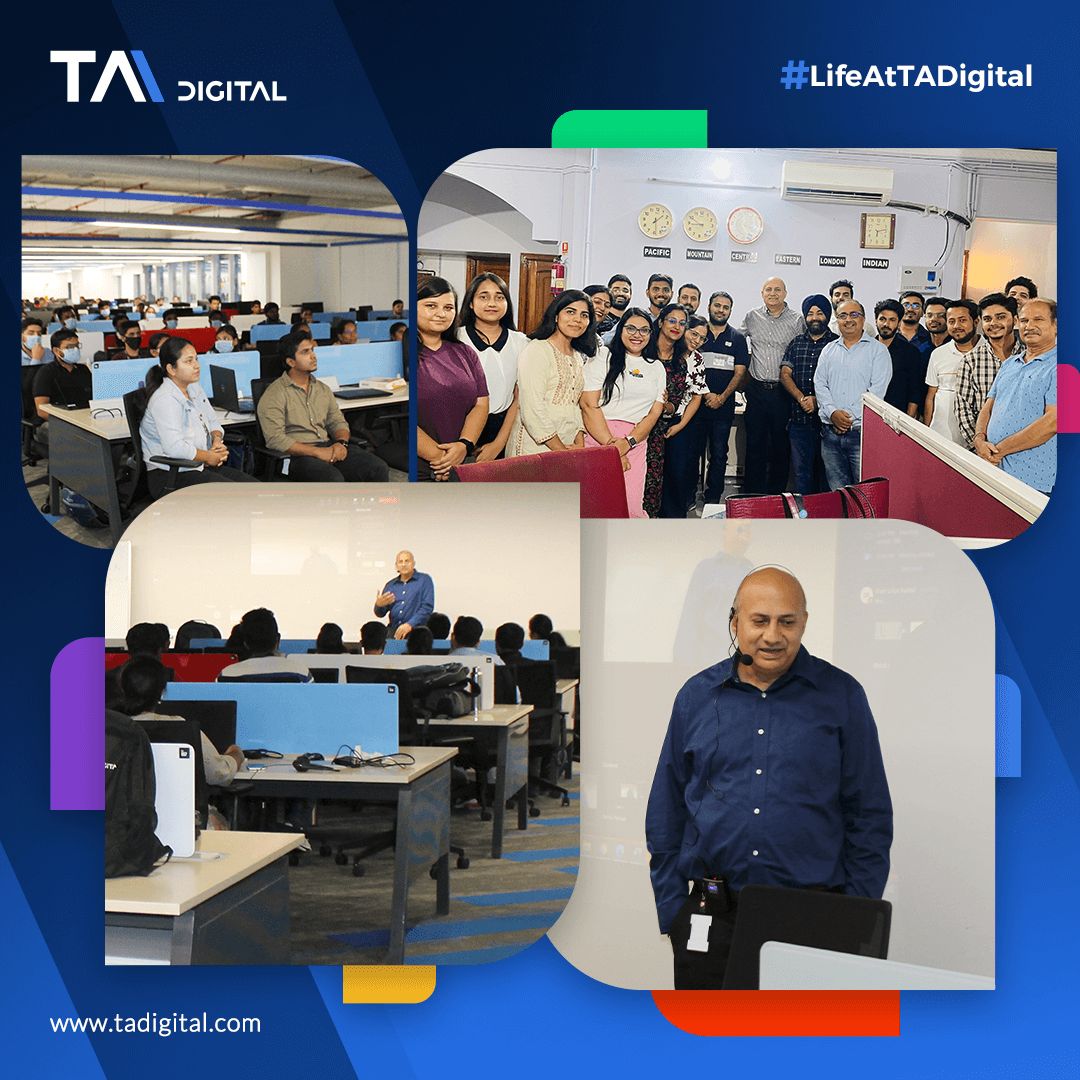 Rajiv Rohmetra addressing TA Digital employees and posing with colleagues during the 2022 India office visit