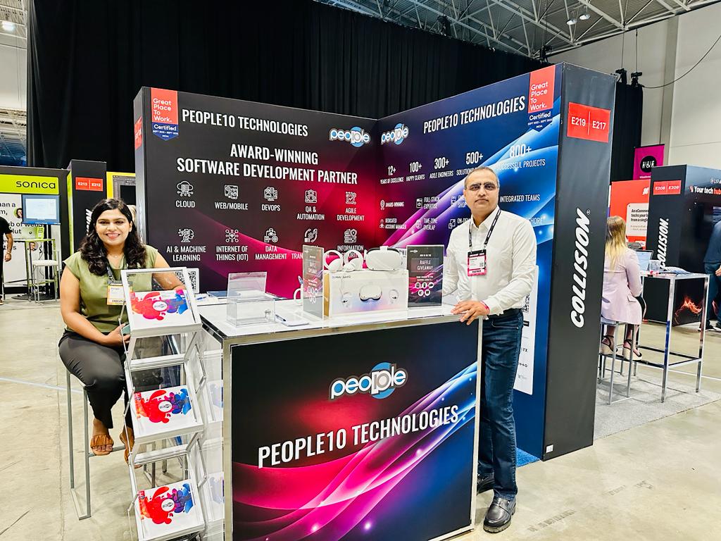 Nisha Shoukath on the left and Rakesh Dahiya on the right at the People10 booth at Collision 2023