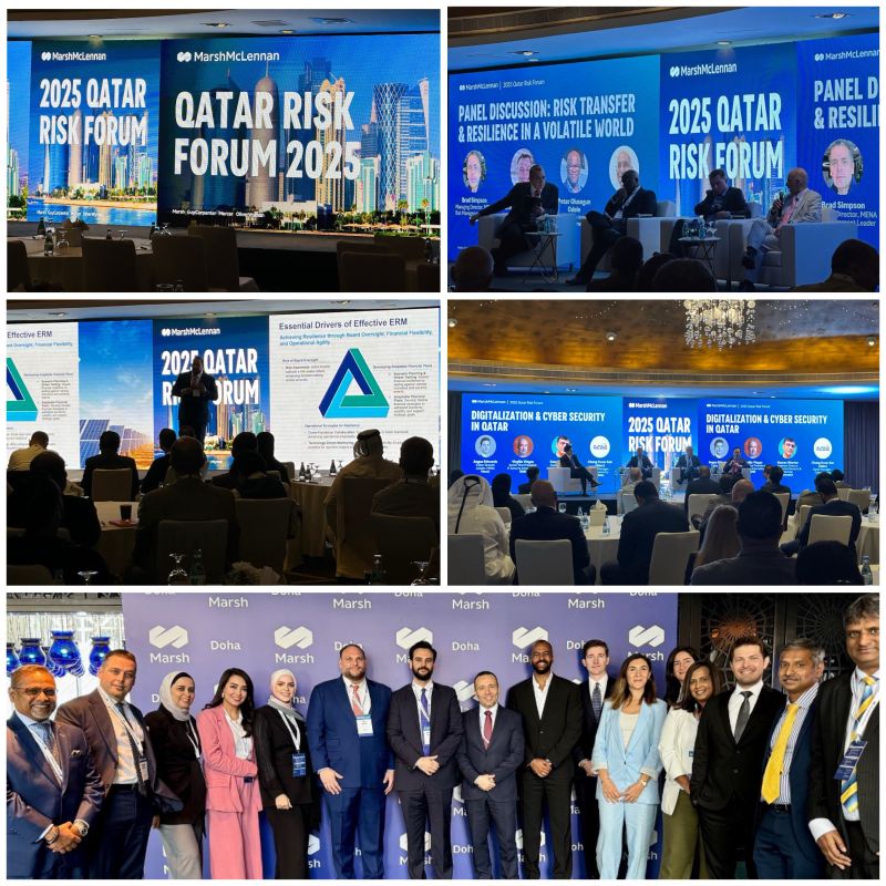 Collage shared by Rakesh Nayar showing Qatar Risk Forum 2025 presentations, panel discussions and a group photograph