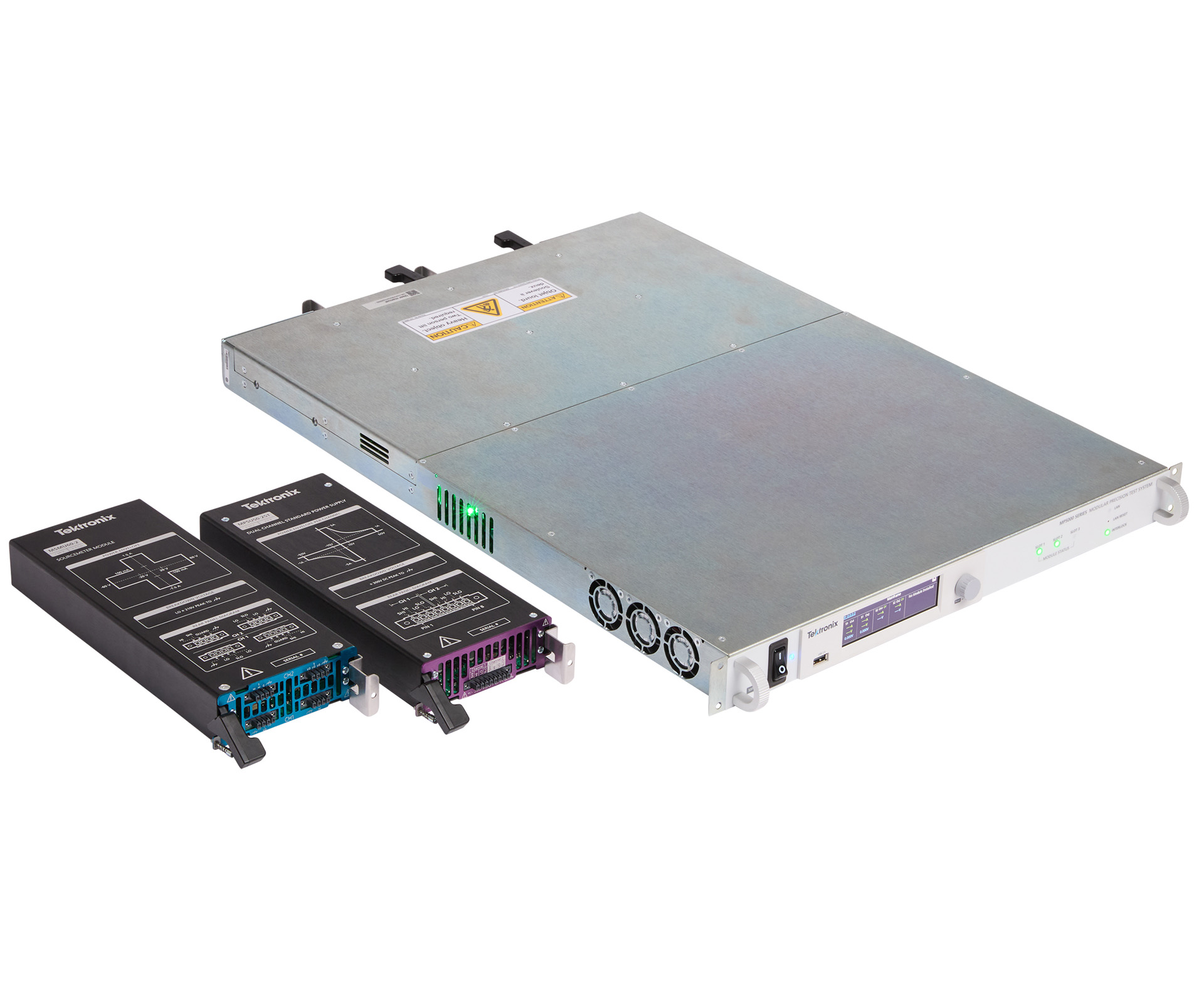 Tektronix MP5000 modular precision test mainframe beside its interchangeable modules