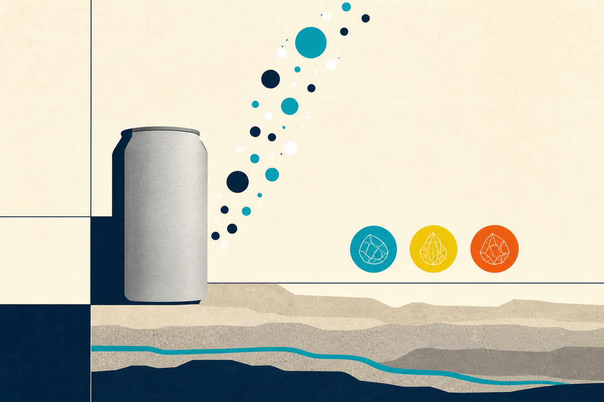 Abstract Swiss-style composition of an aluminum can, bubbles, mineral forms and limestone layers