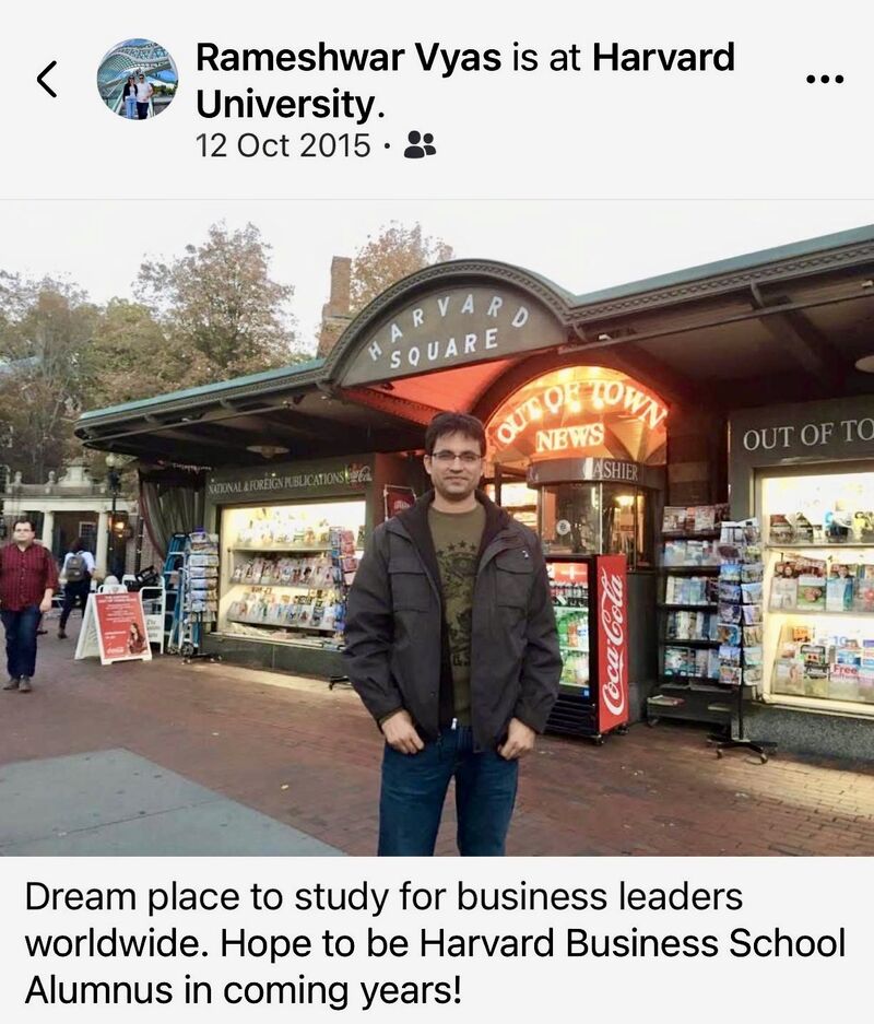 Rameshwar Vyas’s 2015 photograph at Harvard Square, with his written wish to become a Harvard Business School alumnus