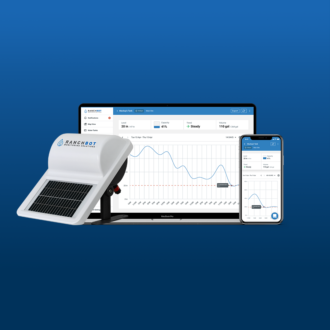 Ranchbot solar-powered monitor alongside laptop and phone displays of water-level trends