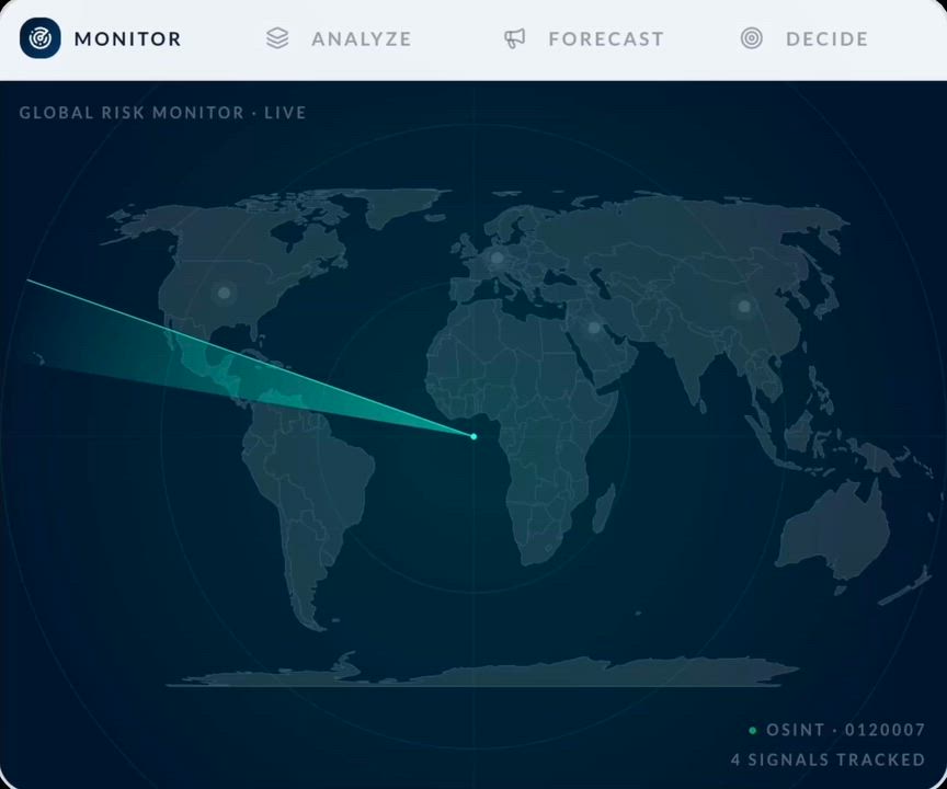 RANE global risk monitor interface showing a world map and tracked signals