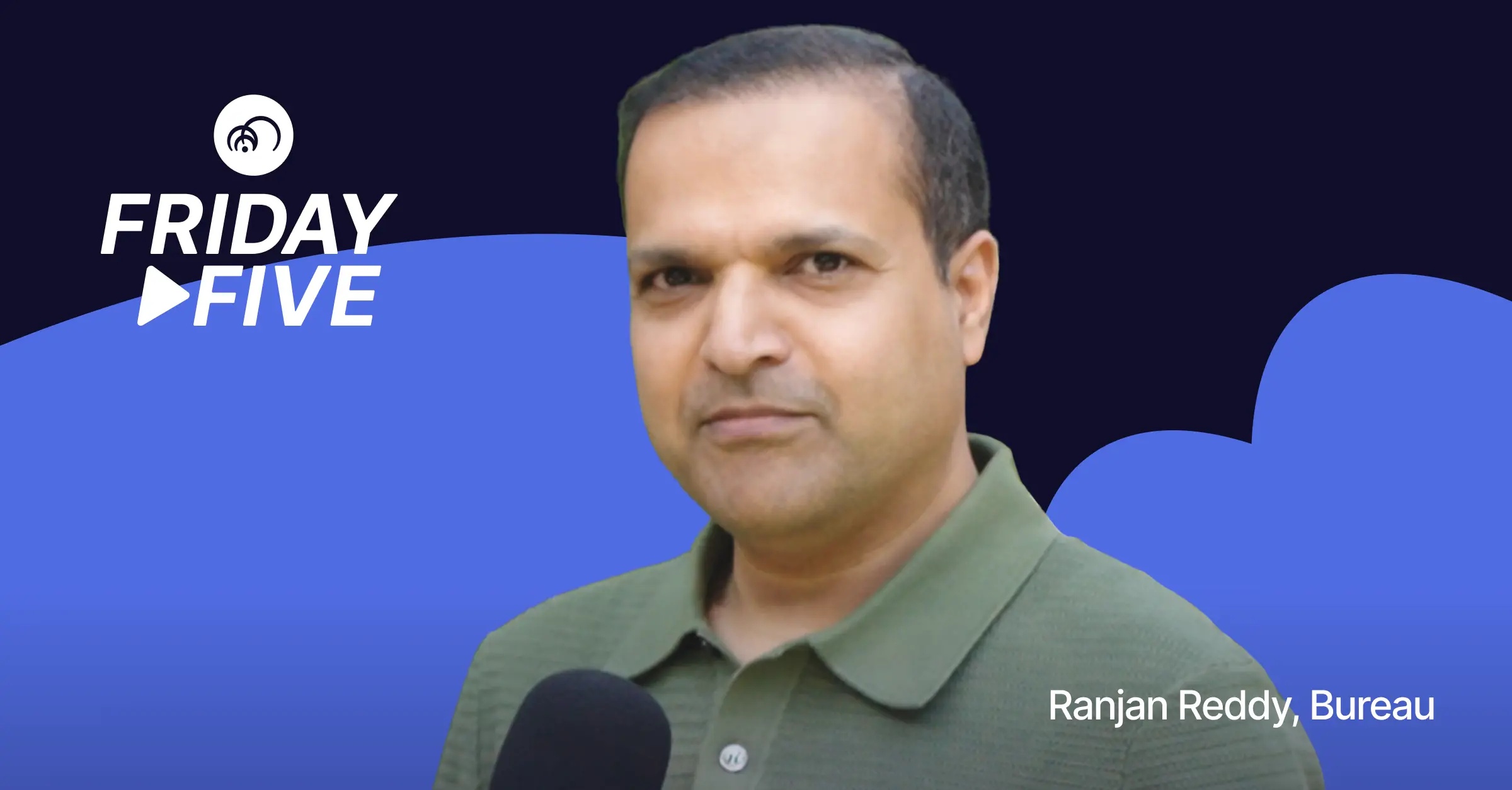 Ranjan Reddy speaking into a microphone in Liminal’s Friday Five interview artwork