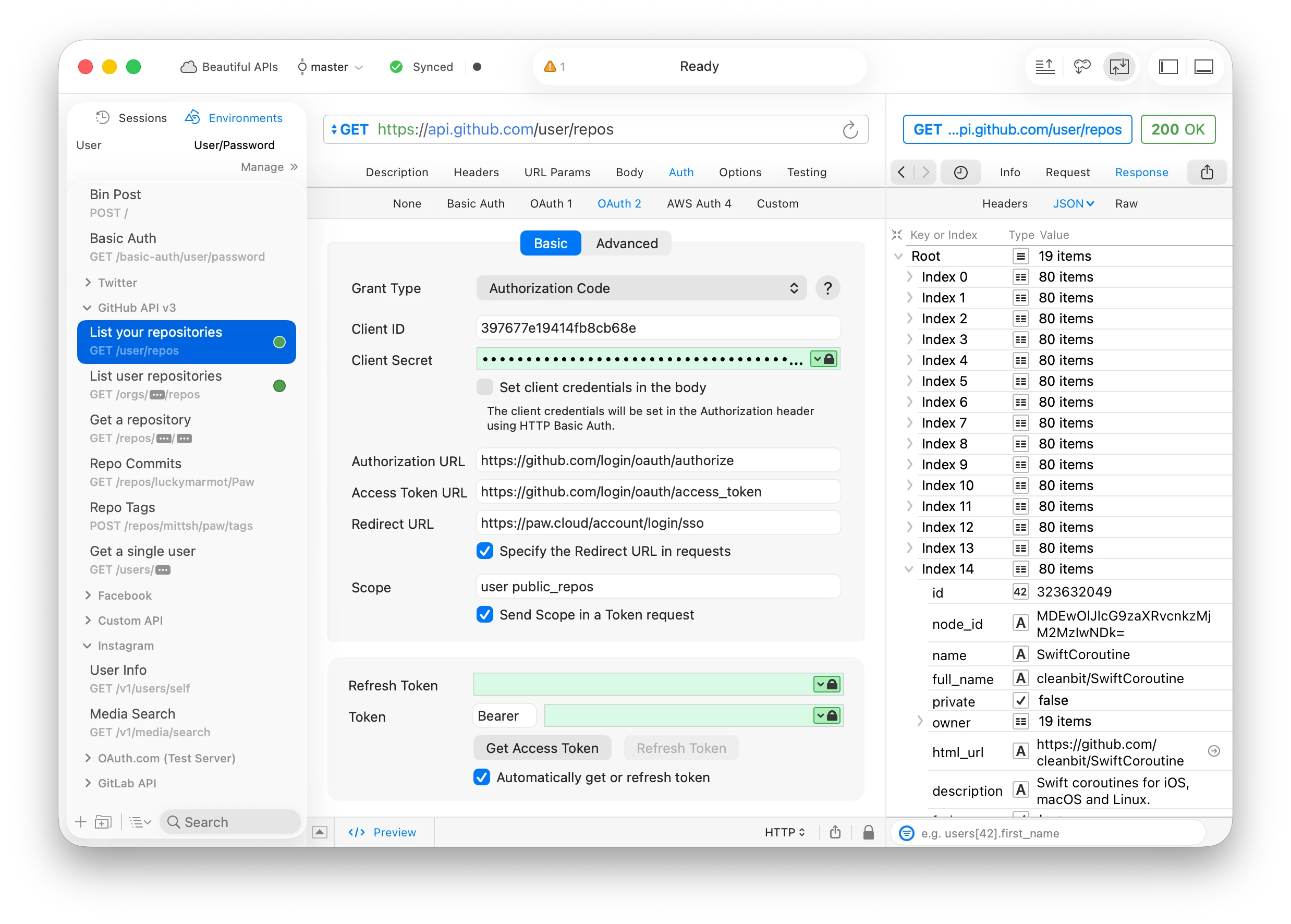 RapidAPI for Mac HTTP client showing request configuration and a structured response