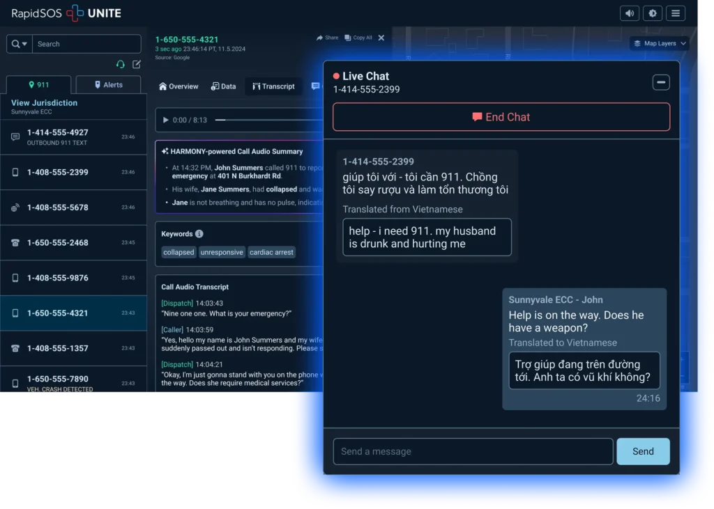 RapidSOS Unite product illustration showing live chat with translated messages alongside a call transcript