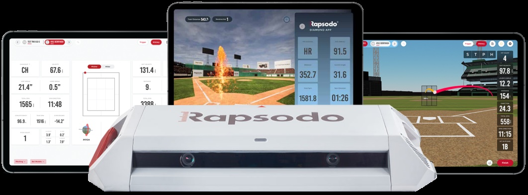 Rapsodo PRO 3.0 with tablet screens displaying pitching and hitting analytics