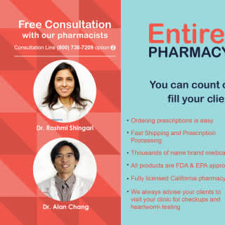 An EntirelyPets Pharmacy consultation graphic featuring Dr. Rashmi Shingari and Dr. Alan Chang