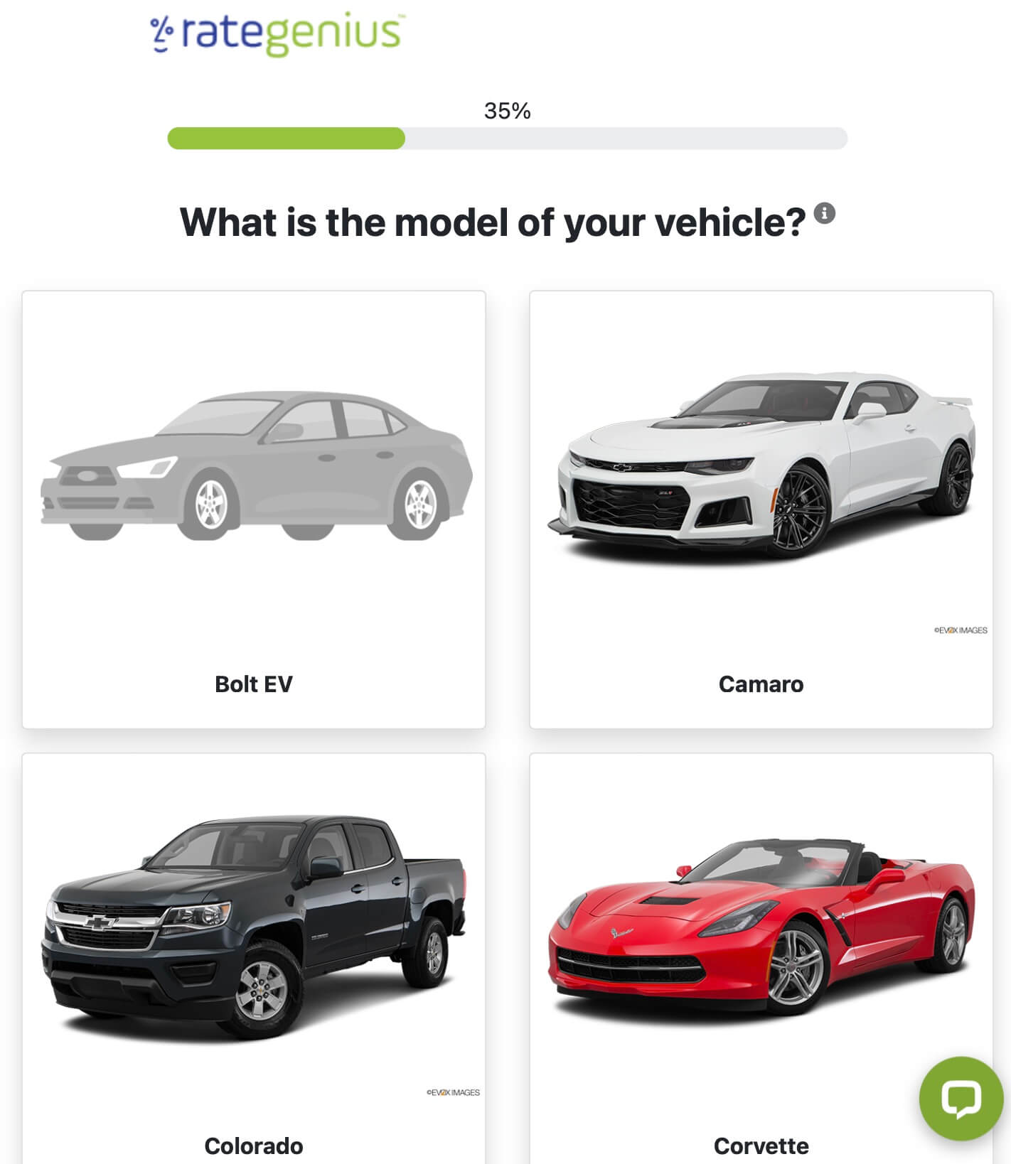Historical RateGenius application screen asking the applicant to select a Chevrolet vehicle model